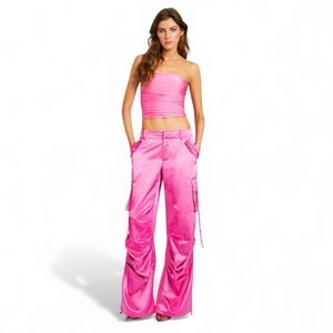 SEROYA LAI SATIN CARGO PANT Size Small NWT Malibu Pink Loose Fit Drawstring Hem